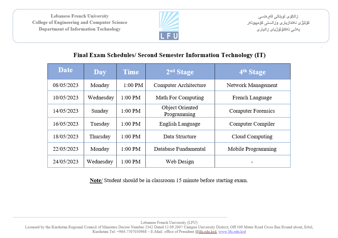 Final Exams Timetable for Second Semester - LFU